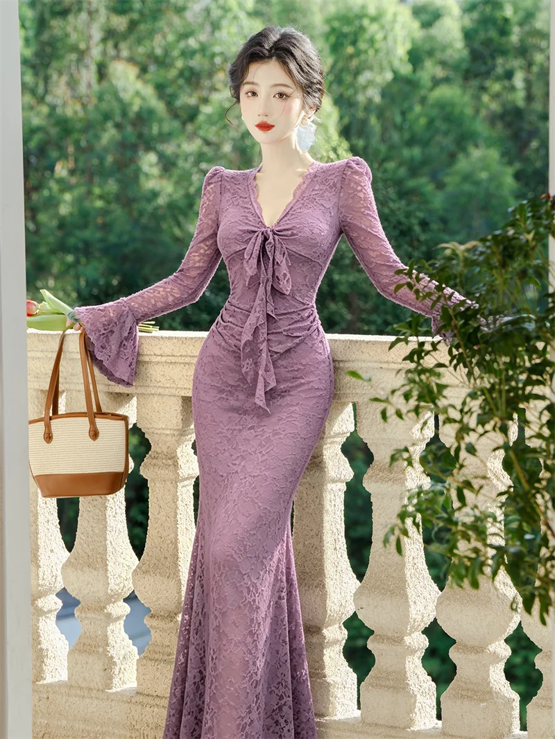 Women Lace Mermaid Maxi Dress Spring Autumn Bow V‑Neck Flare Long Sleeve Ruched Bodycon Elegant Party Long Dress