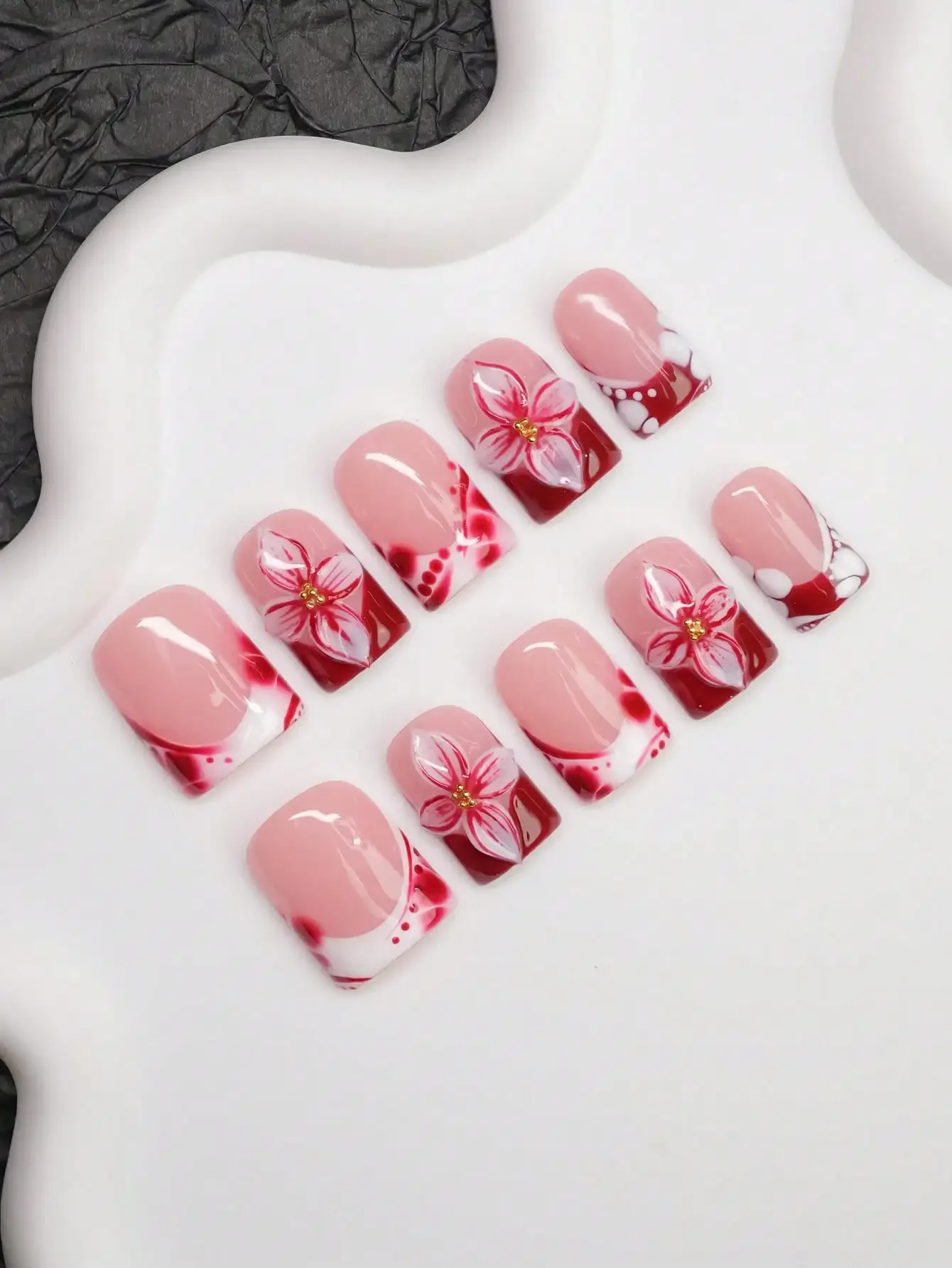 

10pcs Square Shaped Handmade Nail Tips, Y2K Baddie Style, Nude & Red Color With French Tips, Tie Dye & Floral Design, Suitable For Women & Girls, Includes Tools, Great Gift For Ladies