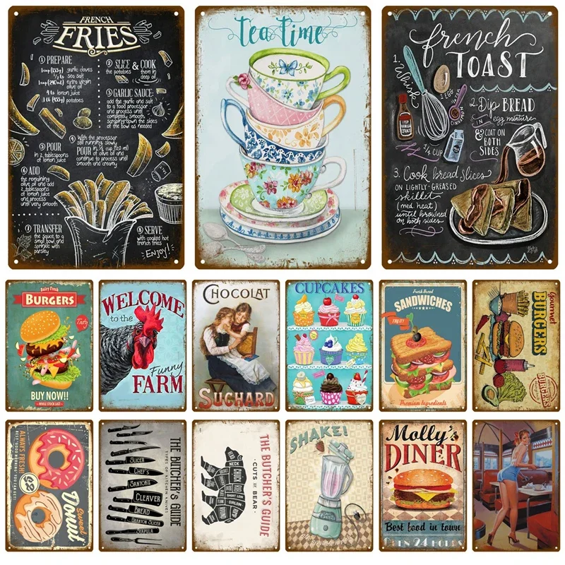 Vintage Food Tin Sign Retro Fast Food Metal Plaque Kitchen Cafe Diner Bar Wall Decor Burger Donut Tea Time Poster