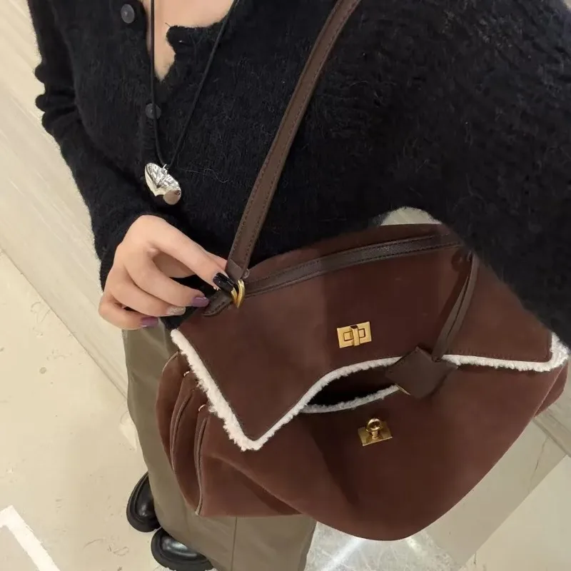Genuine Leather Suede Fashion Tote Bag  Soft Wool Fleece Trim Gold Turn Lock Versatile Underarm Shoulder Crossbody Handbag