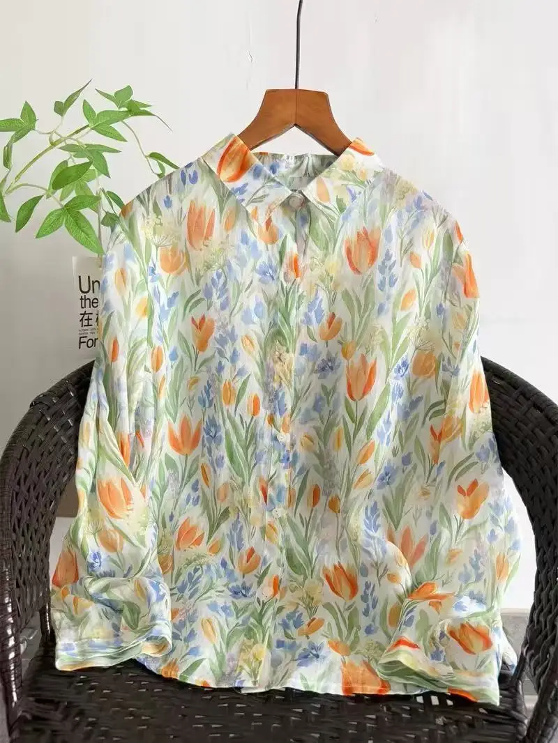 

Женские весенние рубашки из 100% рами, блузки с длинным рукавом, летние винтажные топы с принтом тюльпанов, пляжные рубашки 2026 года