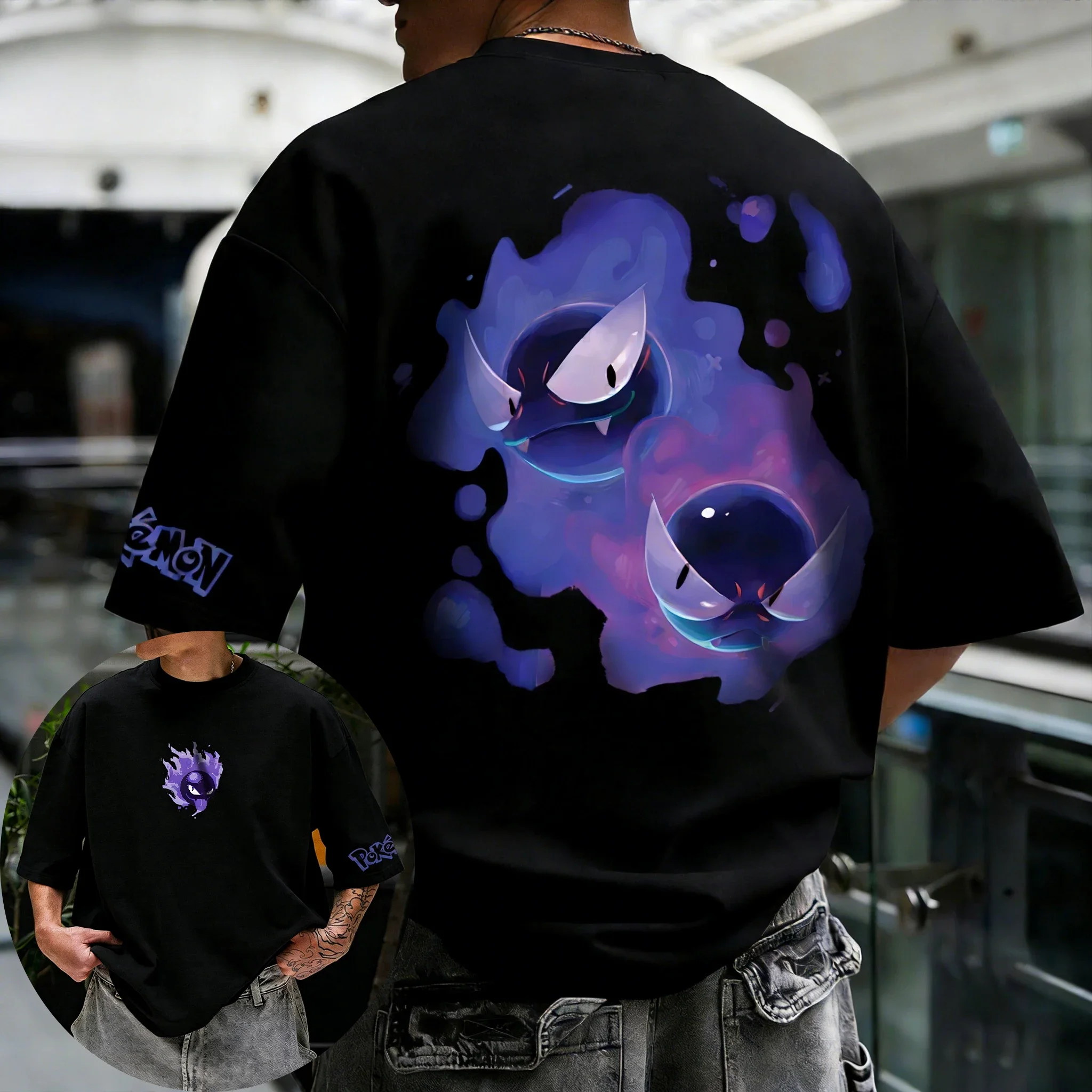 

Pokémon Co Branded Men's and Women's Summer T-shirt NewNew Gastly Printed Harajuku Trendy Loose Casual Y2K Parent-child Top