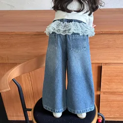 Baby Girls Pants Fashion Lace Loose Straight Jeans 2024 Autumn New Korean Style Childrens Wide Leg Pants