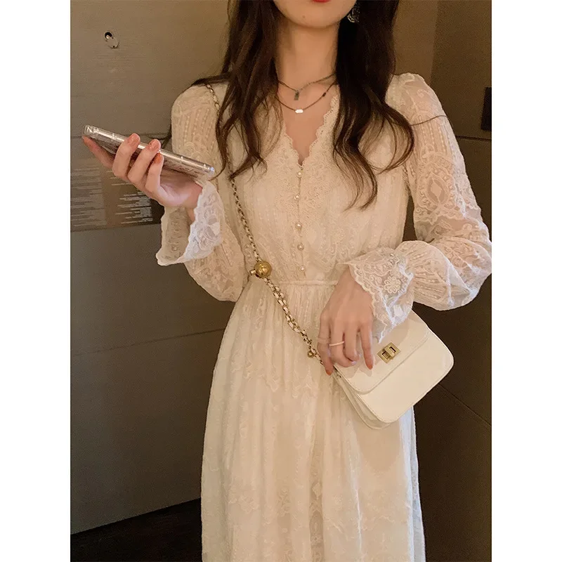 2024 Spring Collection White Lace Dress - Chic and Fashionable Long Dress for Women's Autumn Wardrobe