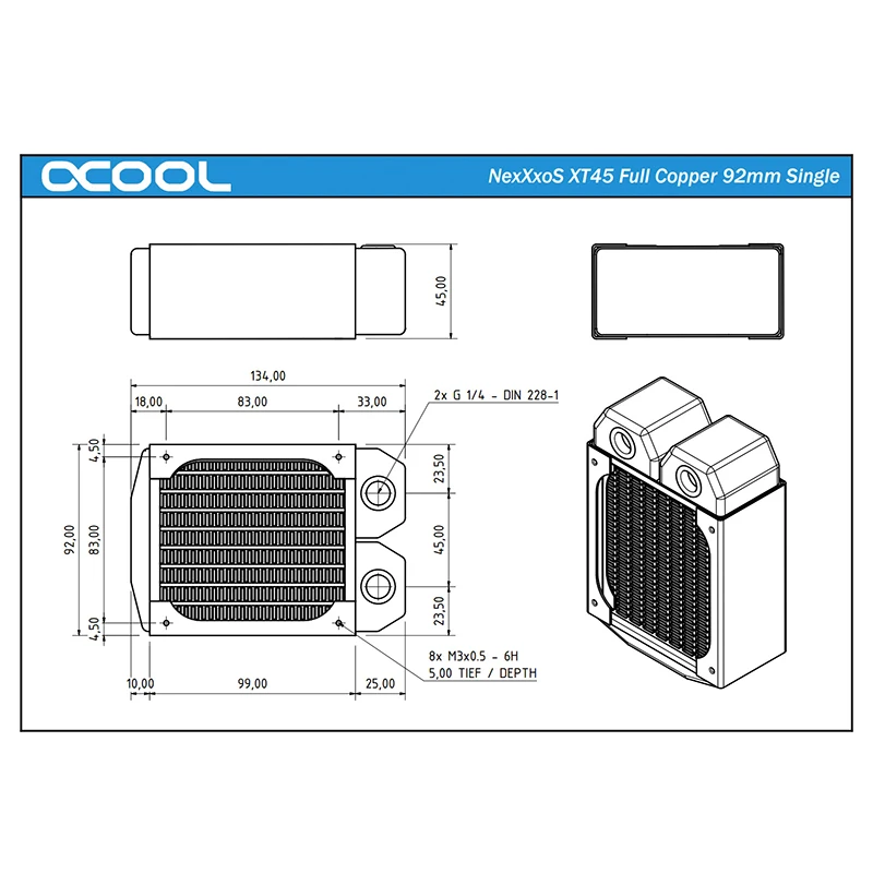 Alphacool NexXxoS XT45 مشعاع فردي نحاسي كامل 92 مم، 134 × 92 × 45 مم، يستخدم لنظام تبريد المياه ببناء حلقة سائل الكمبيوتر