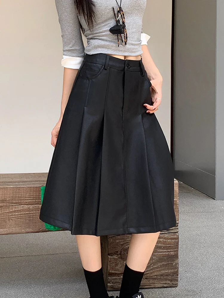 

Ретро юбка из искусственной кожи для женщин, черная, А-силуэт, миди, с высокой талией, стройнящая, осенне-зимняя, новая, асимметричная, Ciwalk