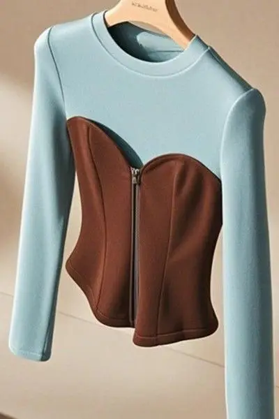 

Women's Fashion Color Block O-neck Long Sleeve T-Shirts Dopamine & Brown Tone Blouse 2025 Autumn and Winter High Quality Tops