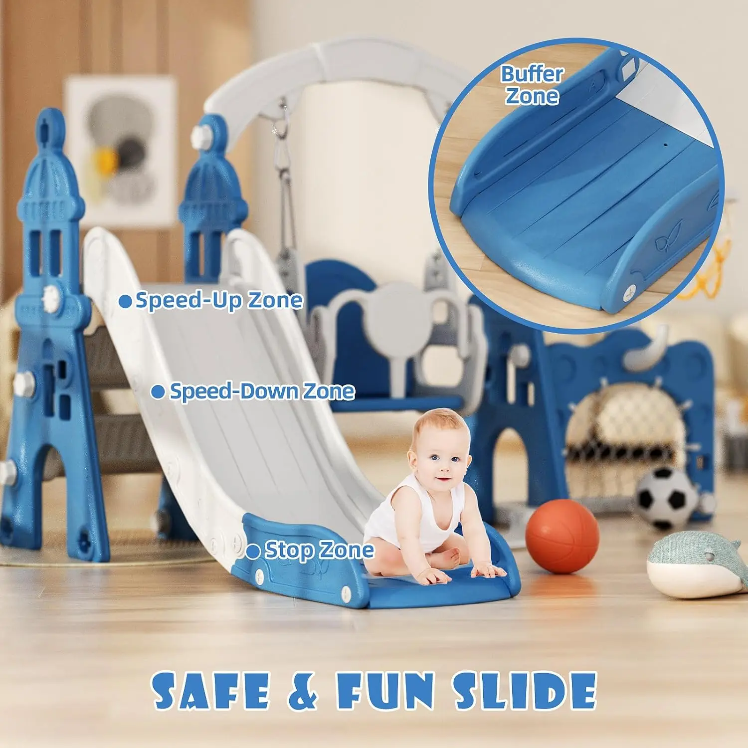 Set di scivolo e altalena per bambini 6 in 1, scivolo per bambini di età superiore ai più piccoli, set da gioco per bambini all'aperto con canestro da basket, struttura da calcio