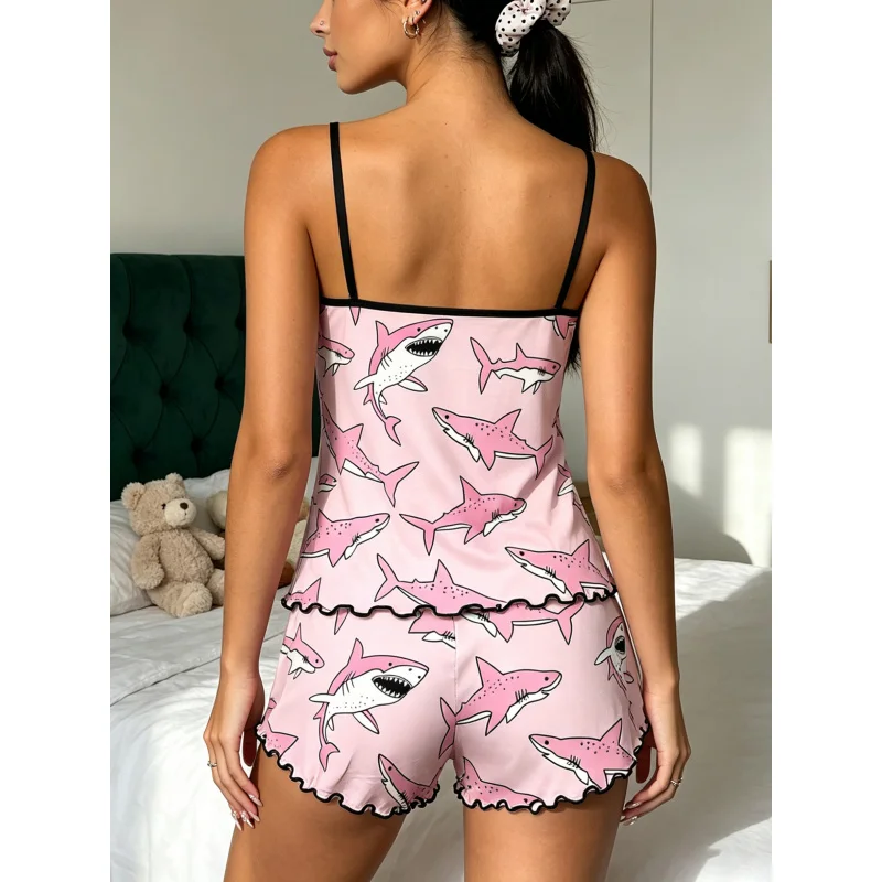 Women Spring Summer Fall Pajama Set Spaghetti Strap Ruffle Trim Round Neck Sleeveless Cami Shorts Pink Cartoon Shark Print