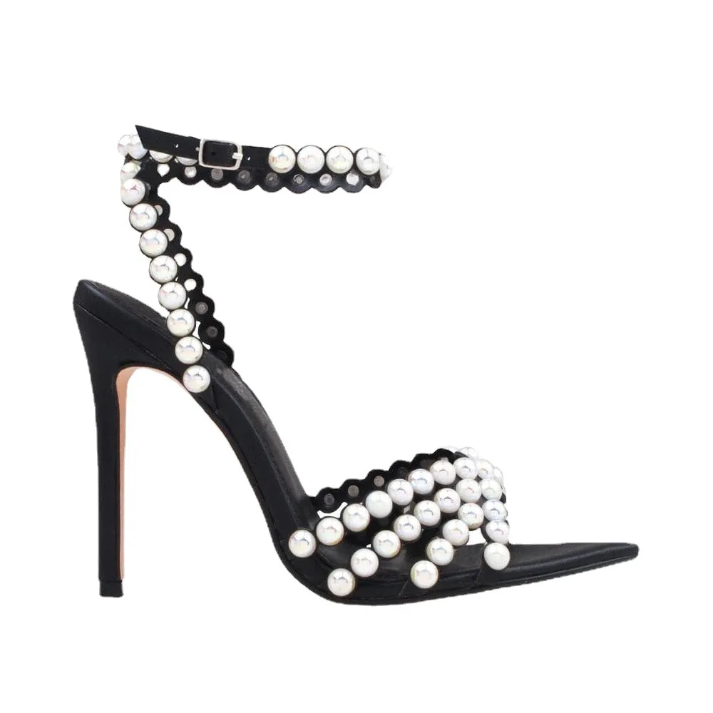 

Dropshipping 11Cm Tip Gradual Change Color Pearl Rivet High Heels Sexy Stiletto Buckle Large Size High Heel Sandals 37&42