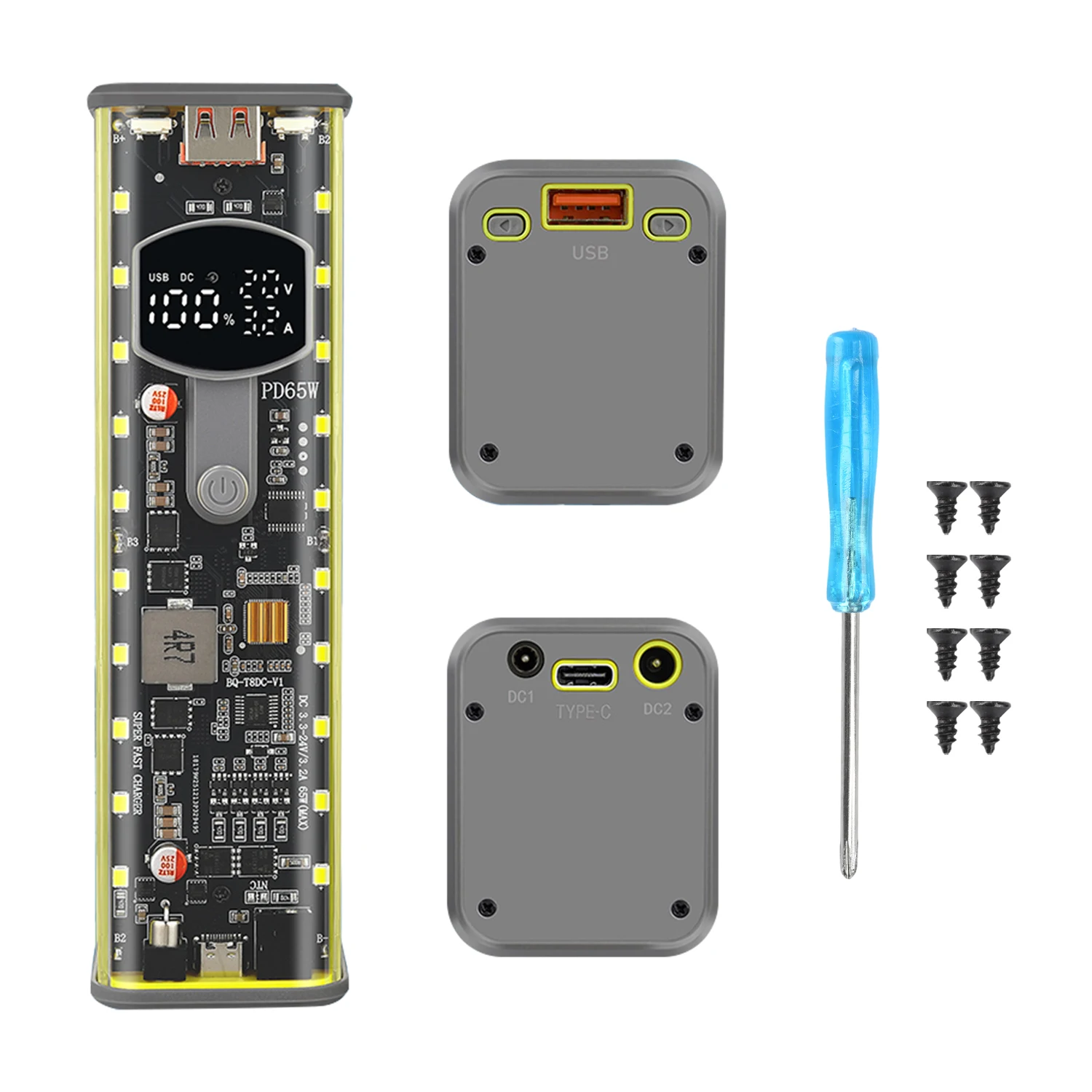 65W PD Schnellladung 8-Zellen Lötfreies 18650 Powerbank-Gehäuse 3,3-24V Einstellbare DC DIY Batteriebox LED-Anzeige Outdoor-Licht