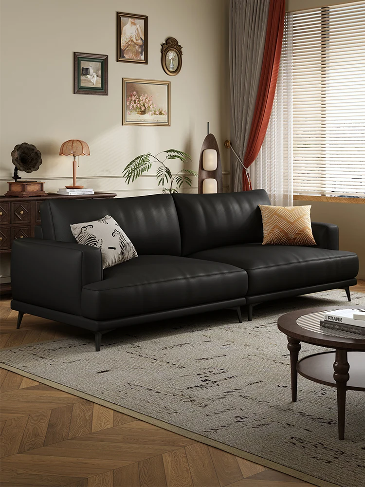 

Xiyuan black leather straight-row sofa Italian minimalist small apartment modern office French retro three-person sofa