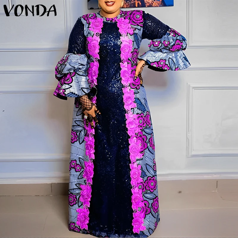 

Плюс размер VONDA богемное макси Vestidos женское повседневное расклешенное платье с длинными рукавами круглый вырез свободный сарафан с принтом и оборками длинные халаты