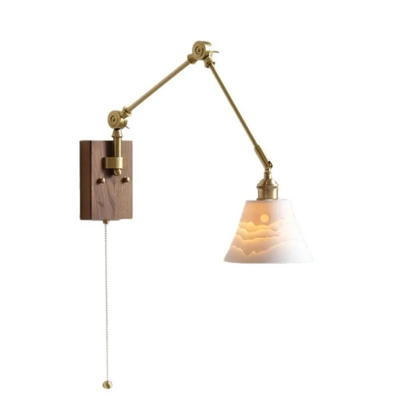 

Bedroom lamp bedside retro wabi-sabi style all-copper rocker arm telescopic living room background wall lamp