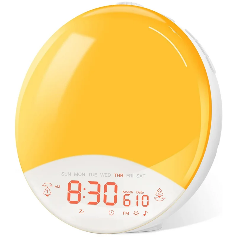 Simulated sunrise wake-up light with gradient date display, alarm clock for weekdays and weekends, colorful lights, easy to oper