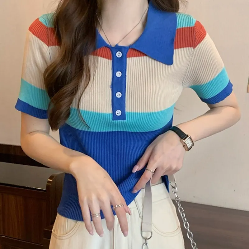 Ins Style Student Favorite Color Blocking Collar Niche Knit Short Sleeve T-shirt For Women Summer Fashionable Top