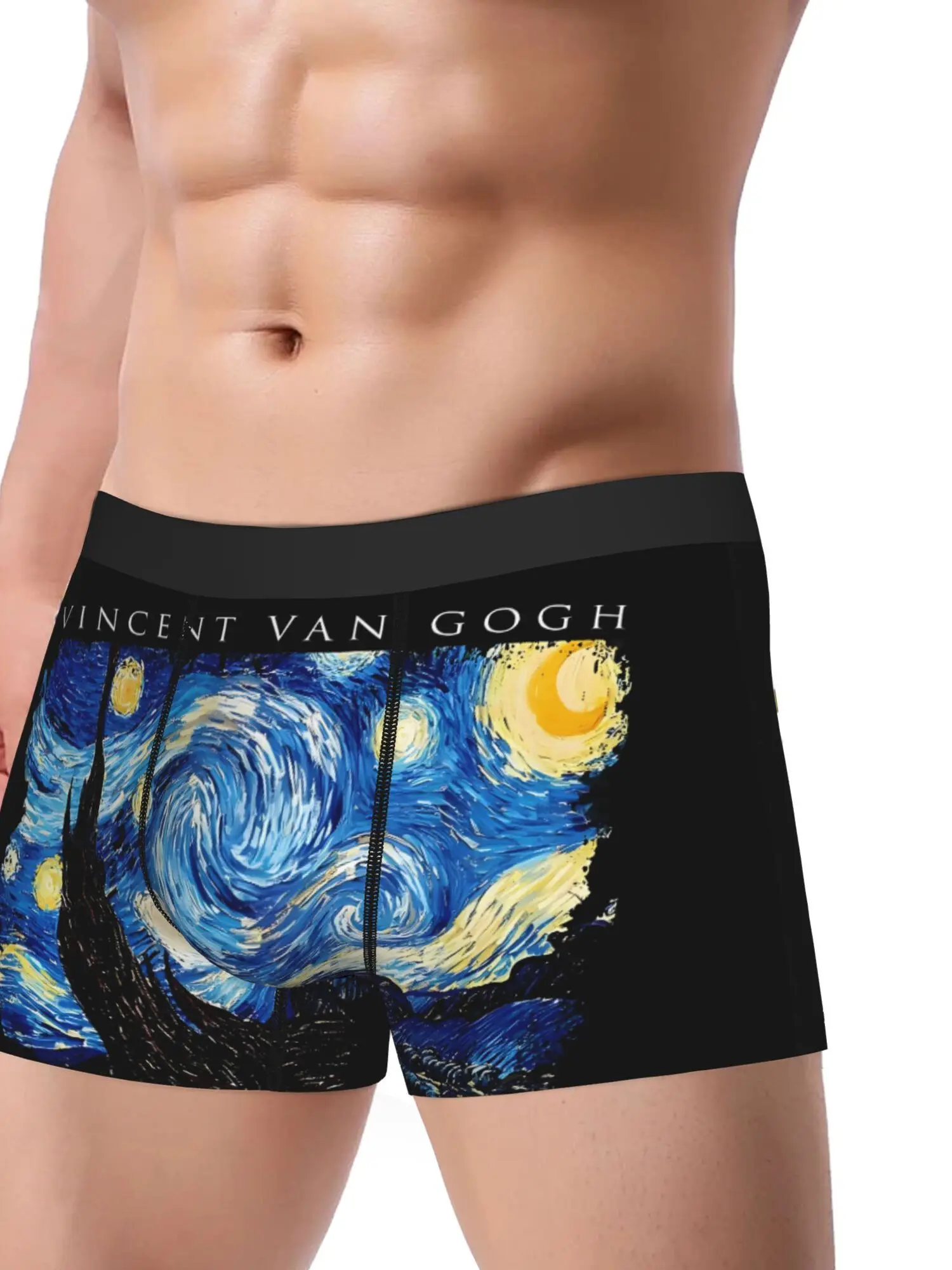 BIIHUDU Men's Van Gogh Starry Night Underwear - Artistic Boxer Briefs with Vibrant Swirling Starry Night Print, Mid-Stretch Comf