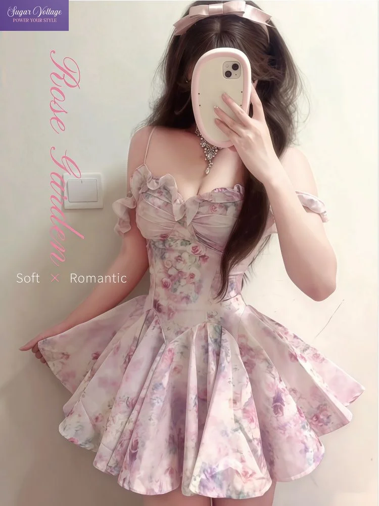Coquette Vintage Rose Floral Print Dress Women Off Shoulder Ruffle Trim Ruched Waist Slim Fit Mini Dress Casual Party Outfit