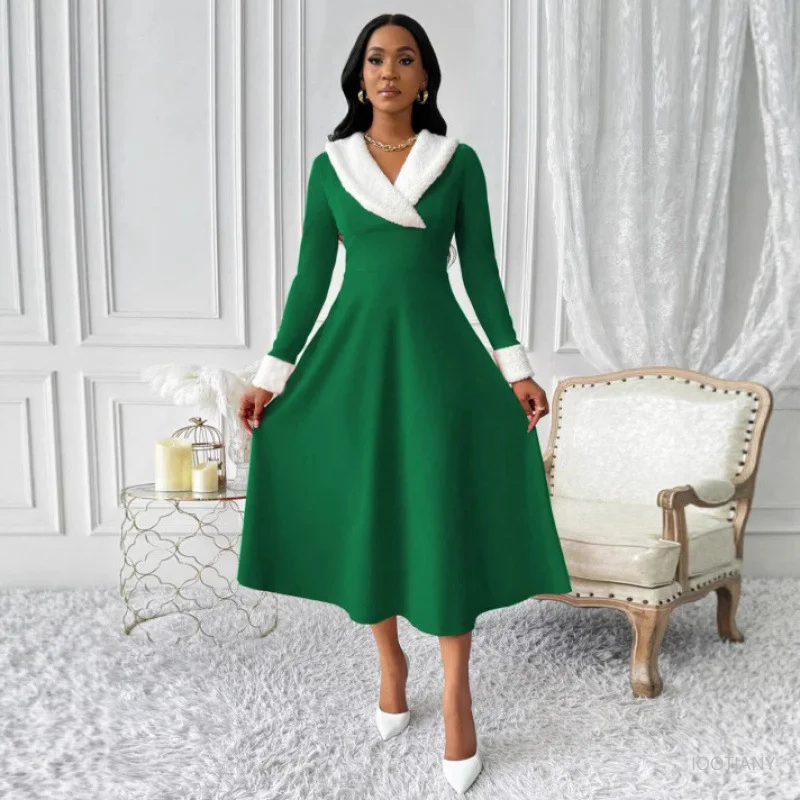 

New Year Christmas Dress Women Cosplay Christmas Sexy Costume Long Sleeve V-neck Plush Warm Party Elegant Tunic Swing Gown 2025