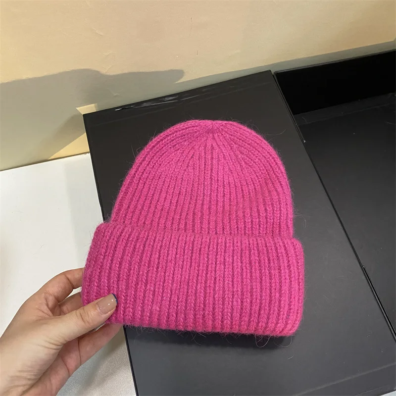 Thicken beanie cap for adult women New rabbit fur knitted hat Winter Unisex Girls Skullcap Solid plain skullies caps