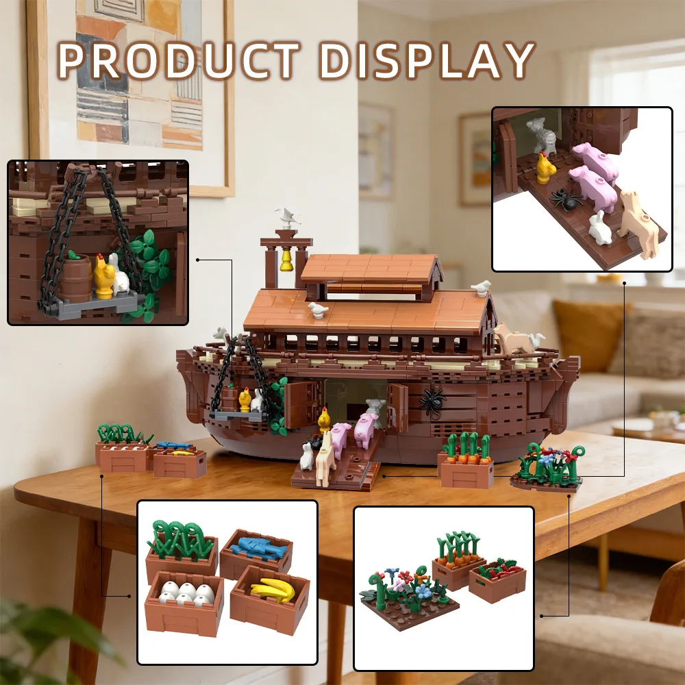 MOC Noahs Ark Modell Bausteine Mittelalterliche Schiff Religion Architektur Und Nette Mini Tiere Montage Ziegel Spielzeug Geschenk – Detail 13