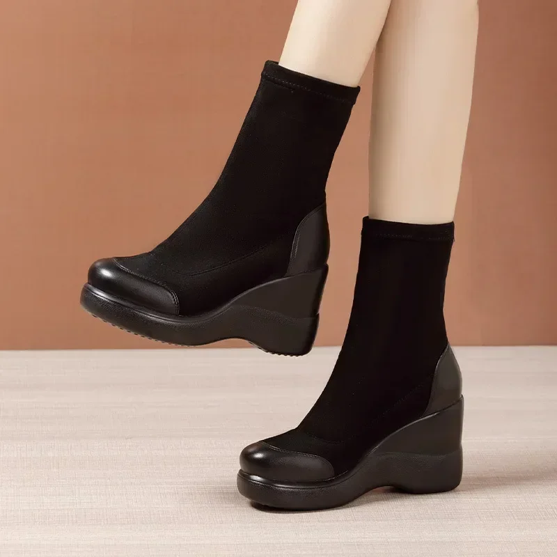 8cm Small Size 32-43 Comfortable Flexible Platform Wedges Shoes Ankle Boots Winter 2024 High Heels Sock Boots Elastic Office