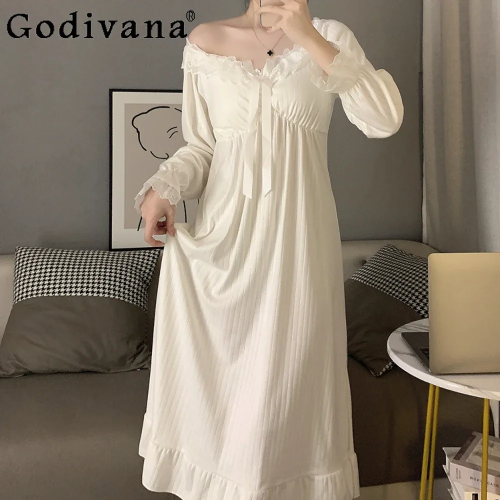 

Cotton Sleepwear Lace Court Style Pajamas Cute Nightdress Bra Pad Women's Nightgowns Homewear Dress