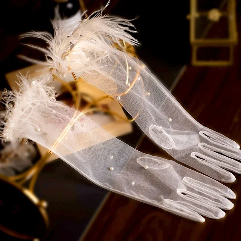 1 par de guantes de novia para boda, cubiertas de codo con diseño de plumas y lazo de flores con cuentas de perlas, accesorios para vestido de fiesta de novia para mujer