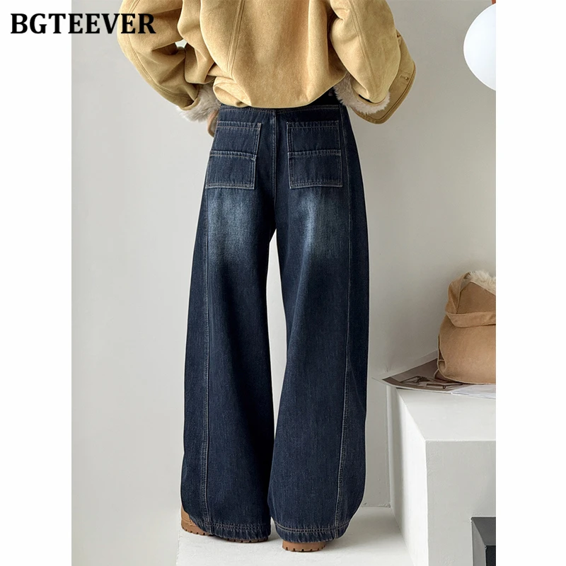 BGTEEVER Casual Thicken Velvet Warm Loose Straight Jeans Trouser for Women Winter High Waist Pockets Female Wide Leg Denim Pants