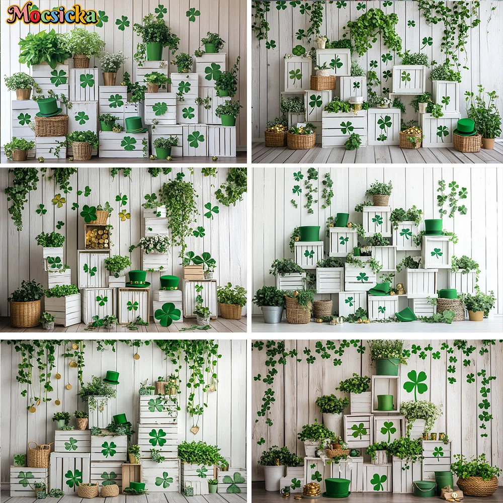 Mocsicka St. Patrick's Day Photography Backdrop Clover White Wooden Box Background Kids 1st Birthday Cake Smash Photo Studio