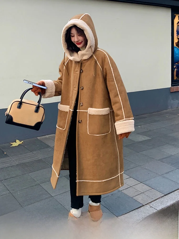 

Chic Casual Long Women's Lamb Fur Jaet Tawny Winter 2025 New Sle Korean Version Thiened Long Sve Hooded Coat