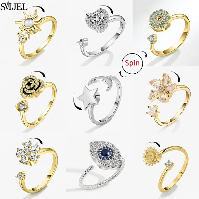 Modischer Fidget-Spinner-Ring gegen Angstzustände für Mädchen, CZ-Rosenblüten-Drehring, Dämonen-Augen-Fingerring, Anti-Stress-Hochzeitsschmuck