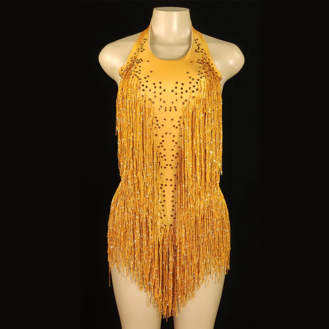 Sparkly Crystals  Fringe Bodysuit Women DJ Jazz Dance Costume With Rhinestones Stage Performance Nightclub Show Outfit