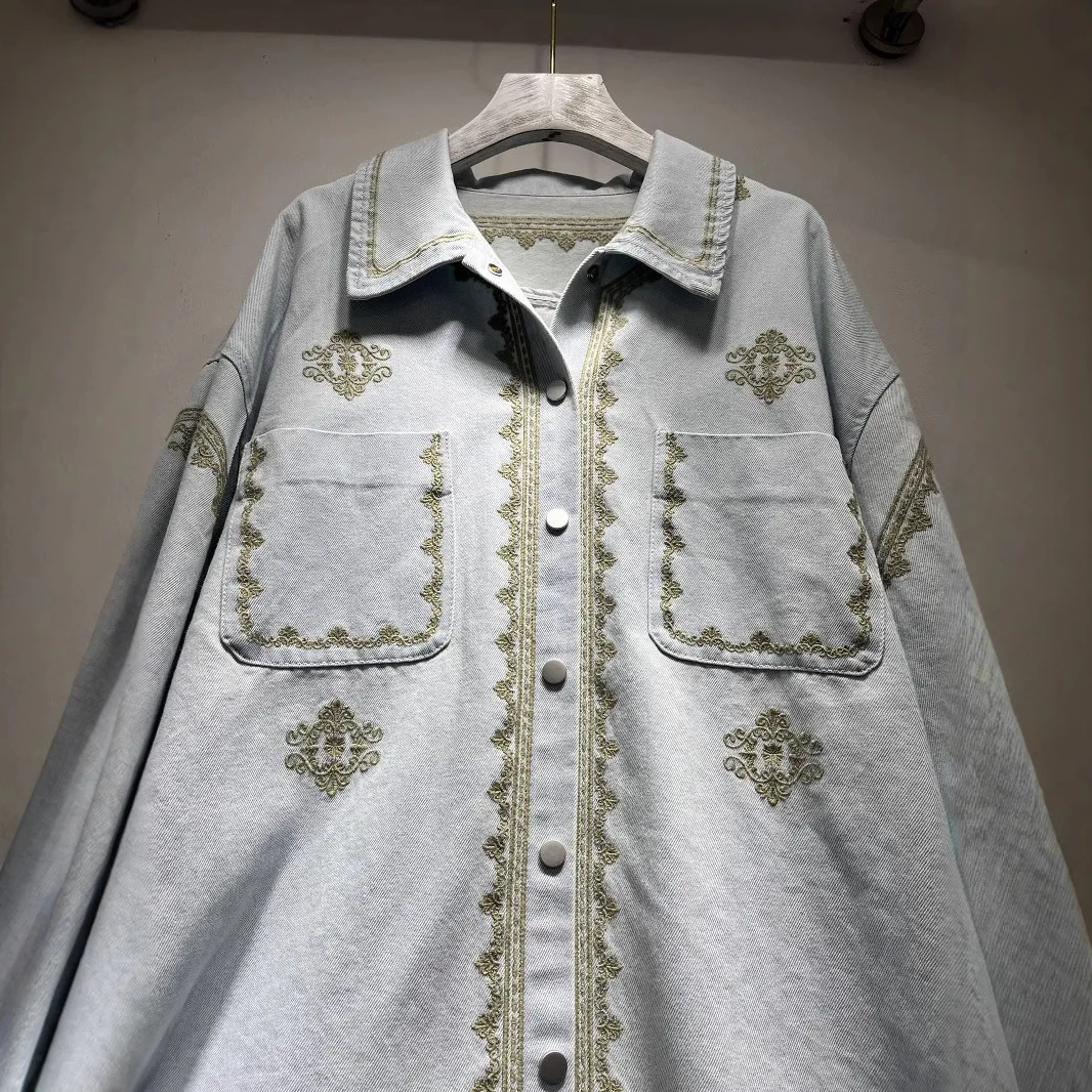 SuperAen الربيع والخريف 2025 جديد الكورية نمط المرأة فضفاضة موضة أنيقة الأزرق ريترو طباعة التطريز قمصان جينز #2