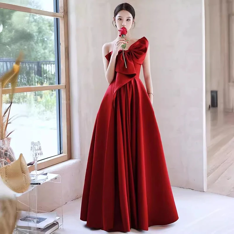

Wine Red Satin Evening Dress Women's Off Shoulder Bow Cocktail Party Dresses Light Luxury Sleeveless A-Line Prom Gowns