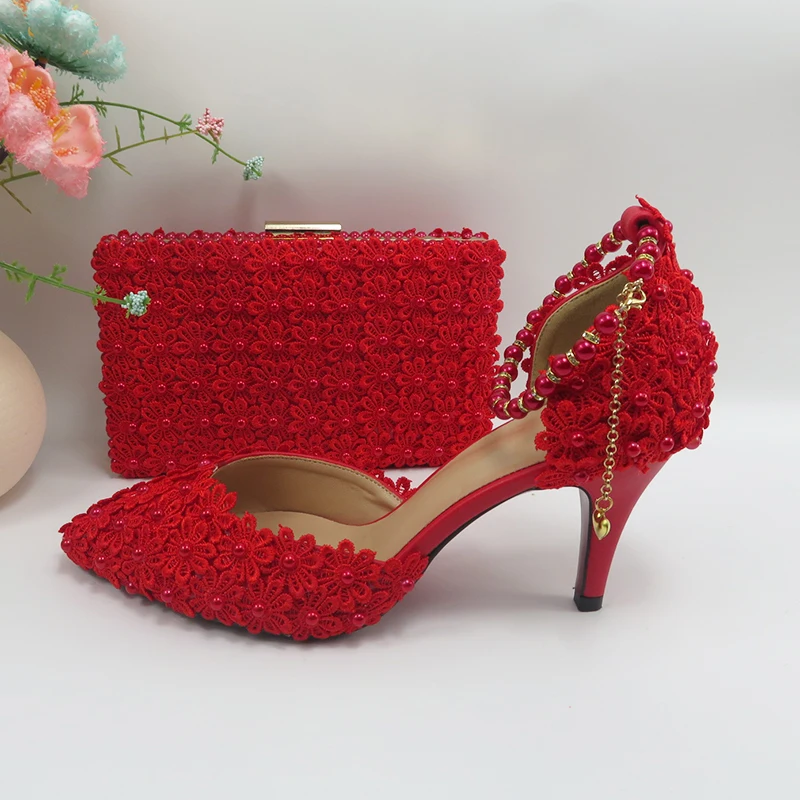 Red Pearl Flower Wedding Shoes With Matching Bags High Heels Pointed Toe Ankle Strap Ladies Party shoe and bag set