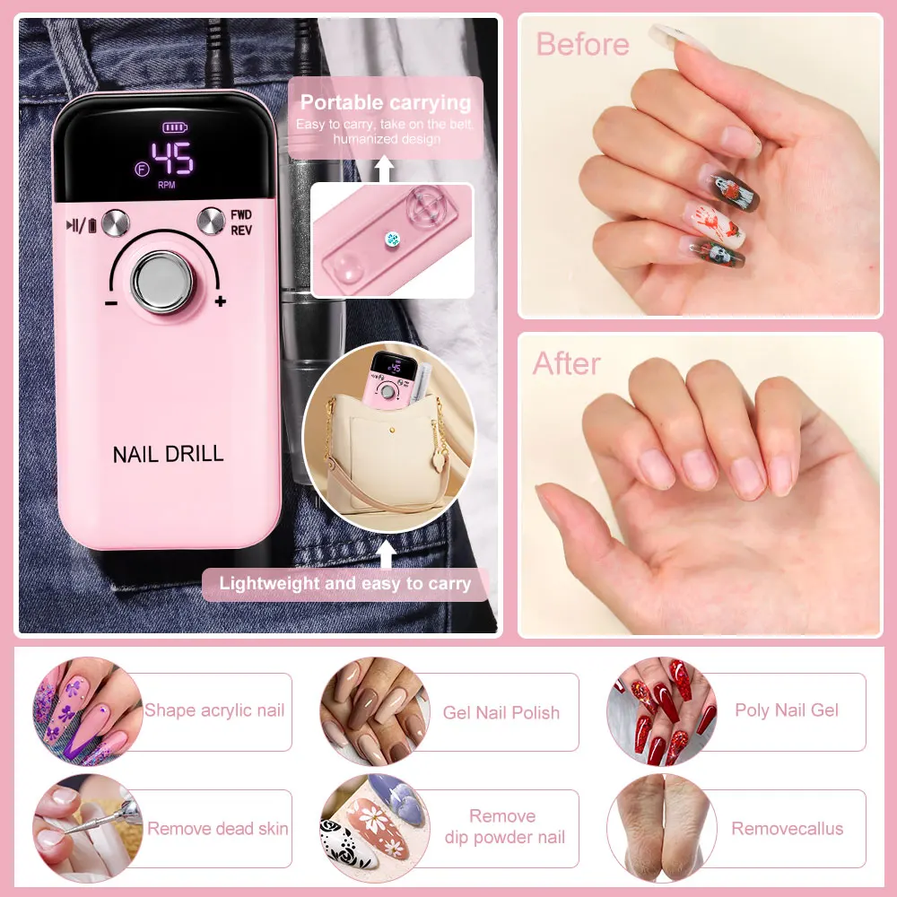 مثقاب أظافر كهربائي احترافي 45000 دورة في الدقيقة قابل لإعادة الشحن مع شاشة LCD مناسبة لأداة مانيكير مبرد أظافر جل #5