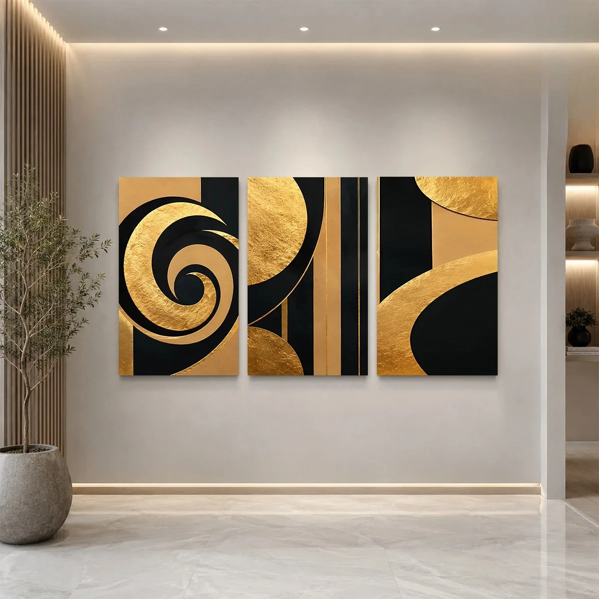 Frameless canvas 2D Flat 3pc  Wall Art – Three panels with black and gold abstract patterns including spirals curves and stri