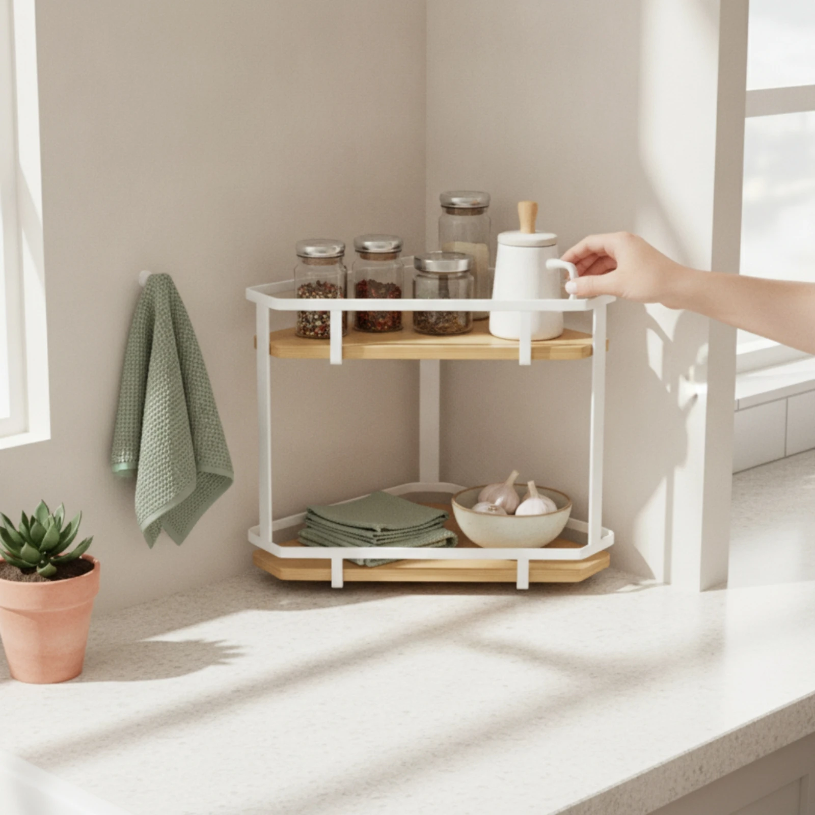 Corner Seasoning Rack Freestanding Two-Tier Seasoning Rack Kitchen Corner Shelf Space-Saving for Pantry