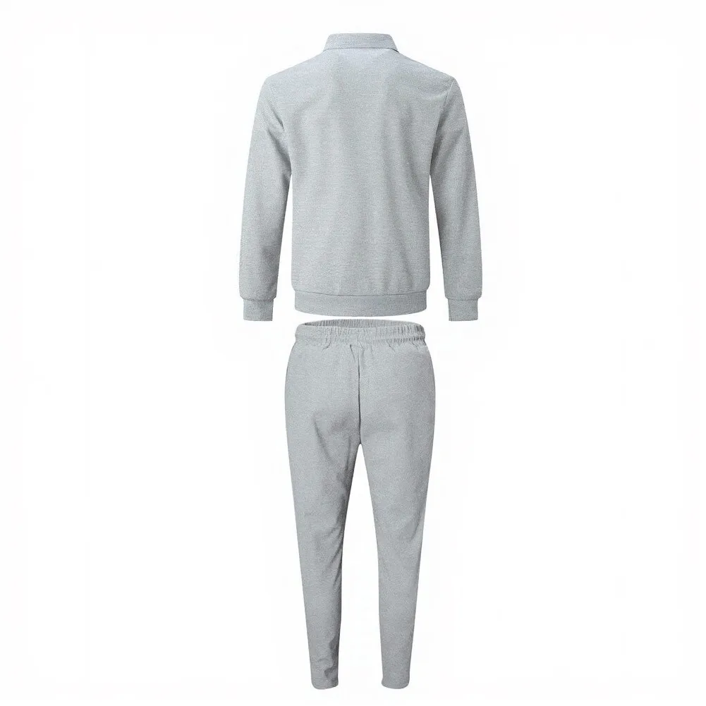 Men's Casual Two Piece Outfit with Waffle Fabric Lapel Jacket and Elastic Waist Long Pants for Four Season Use