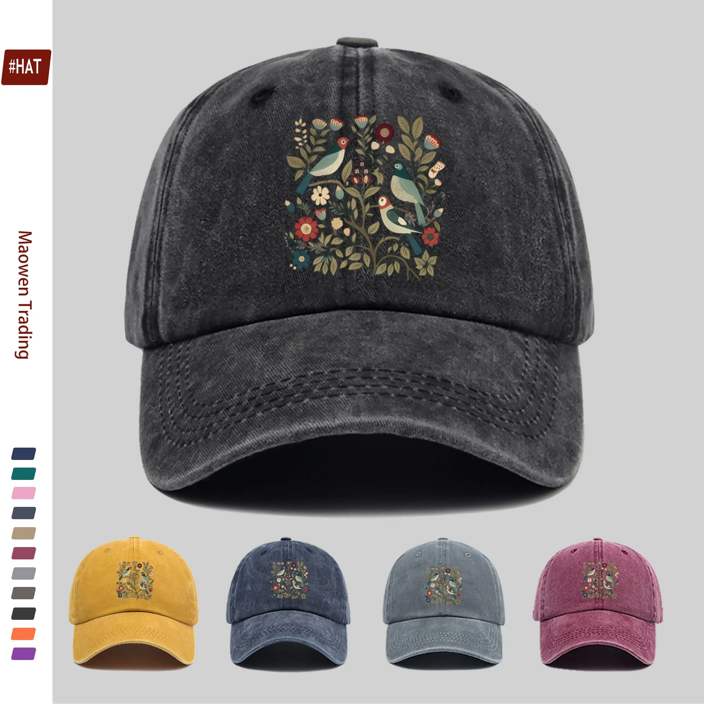 1pc 1pcs Vintage Botanical Floral & Bird Print Trucker Cap - Adjustable Snapback Baseball Hat Suitable for Men & Women, Lightwei