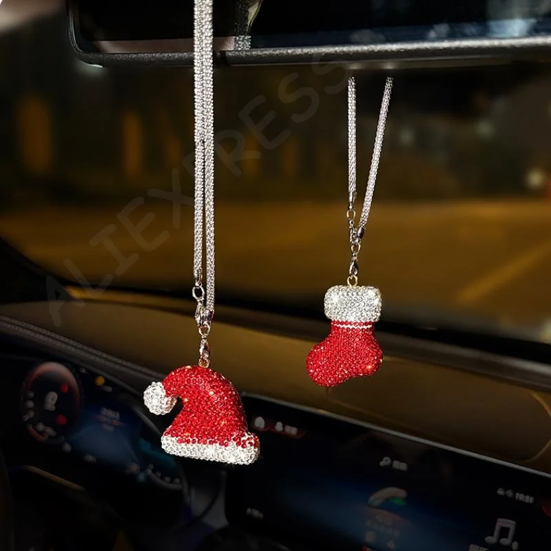

Sparkling Metal Christmas Pendant for Rearview Mirror or Backpack; Adorned with Santa Claus and Snowman Rhinestones