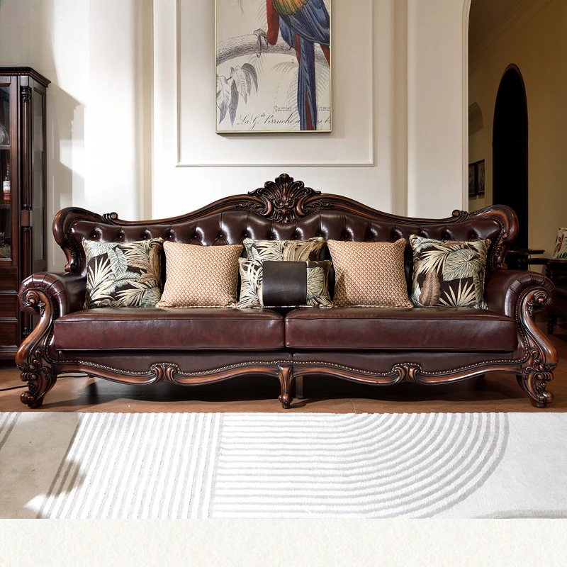 

Комбинированный кожаный диван для большой квартиры, европейский стиль, полностью из массива дерева, кожаный диван для виллы