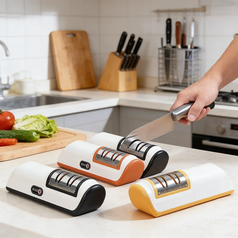 Compact Automatic Electric Knife Sharpener Machine - Dual Stage Coarse and Precision Grinding for Household Kitchen Tools