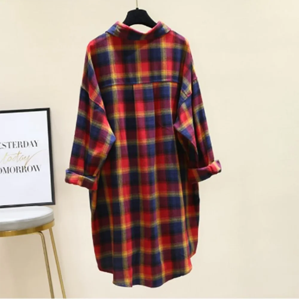 Fashion Plaid Shirt Women's Long Section 2024 Spring and Autumn Korean Loose Retro Long Sleeve Shirt Skirt Wearing A Casual Coat
