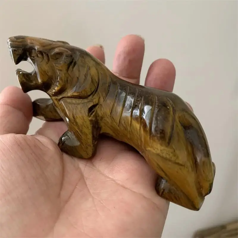 1PC Natural Gemstone Tiger Eye Stone Tiger Crystal Carved Reiki Healing Animal Statue Crafts Home Ornaments Decoration