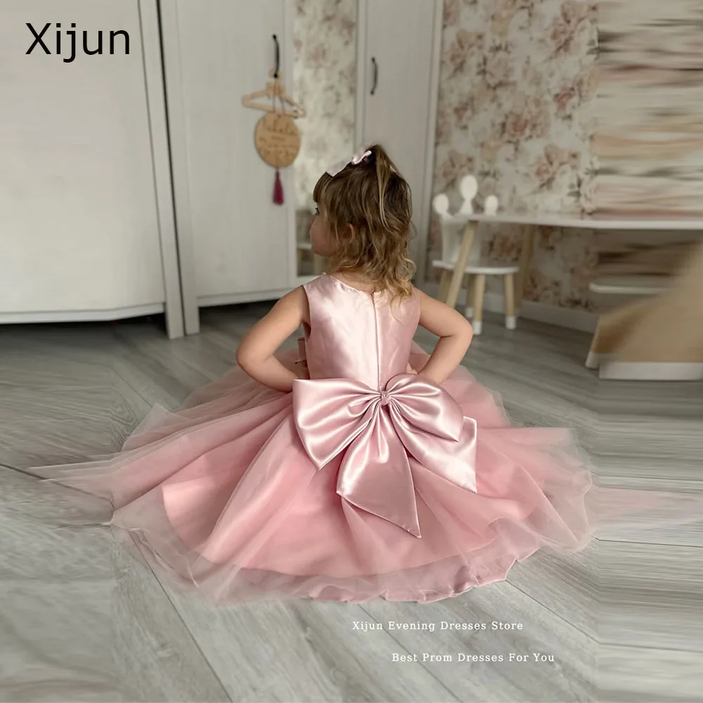 

Xijun Cute Pink Tulle Flower Girl Dresses Bow Back A-Line Wedding Party Dresses For Girls Sleeveless Birthday Dresses Customized