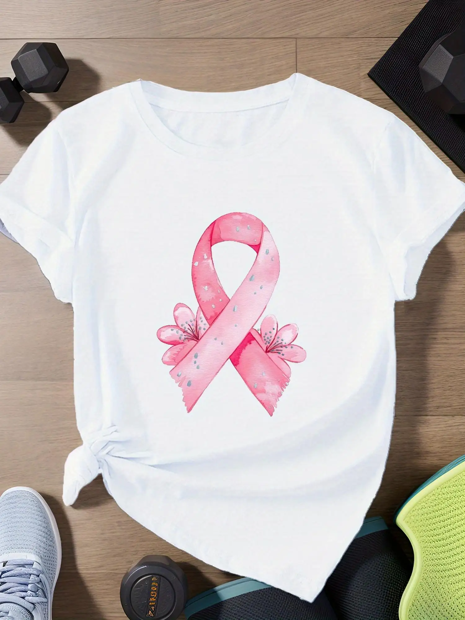 Women's Pink Ribbon & Short Sleeve T-Shirt - Casual S Blouse Suitable for, Casual Attire, Machine Washable Opaque Top with Ribbon, Non- Shirt for - Layering (No Transparency Concerns)