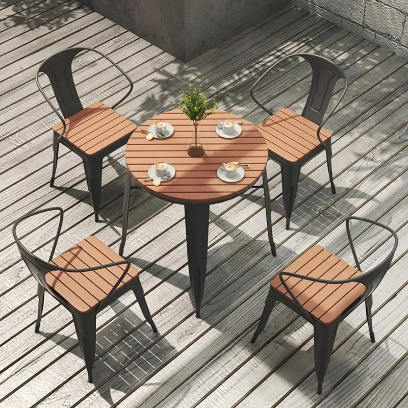 for Leisure Outdoor Tables and Chairs Rooftop Villa Garden One Table Four Chairs Coffee Milk Tea Shop Plastic Wood Set
