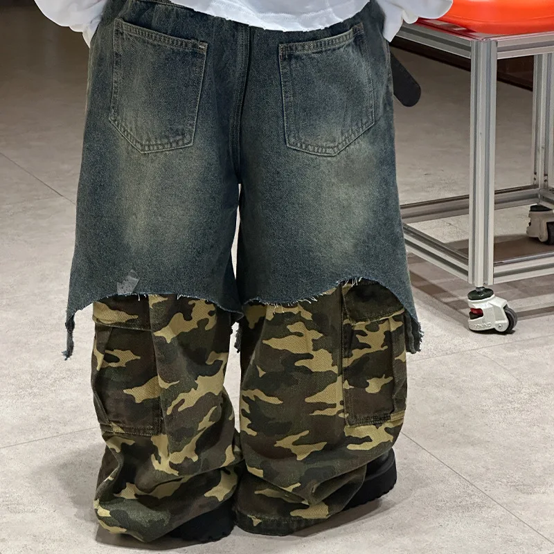 2025 Autumn New Thick and Loose Camouflage Spliced Cowboy Workwear Pants for Children
